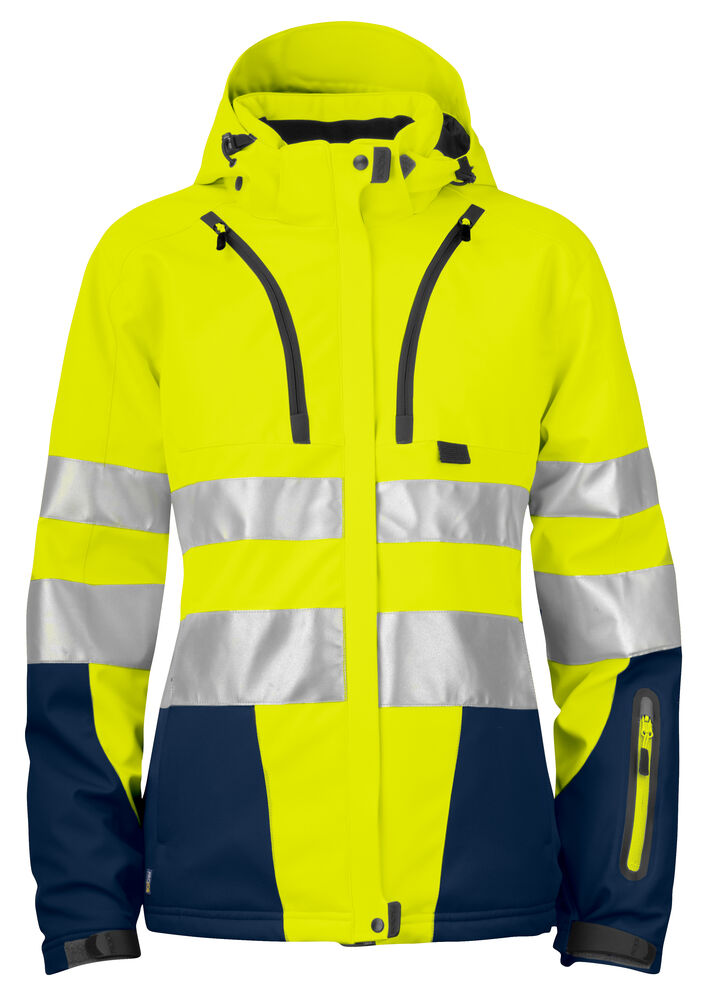 [646424-10-3] Projob - 6424 Gevoerde Signalisatiesoftshell En Iso 20471 Klasse 3 Dames (XS, Geel/Marine)